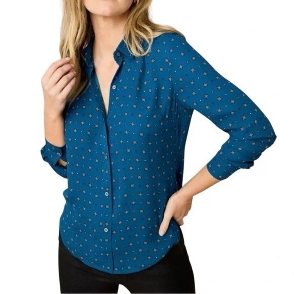 UNTUCKit Women's Natalie Button Front Shirt Blue Geometric Print 0 Classic - Picture 1 of 14